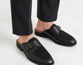 Mules de cuero negro hechas a mano para hombre – Zapatos sin cordones con hebilla, sandalias minimalistas, zapatos formales de cuero sin talón
