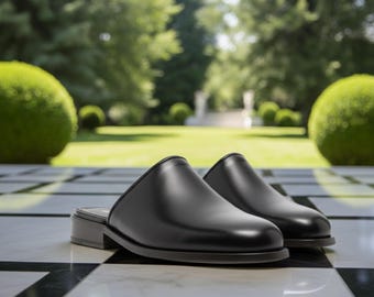 Mules de cuero negro hechos a mano para hombre: sandalias minimalistas sin cordones