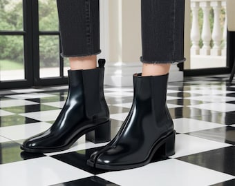 Handgefertigte Schwarze Leder Tabi Stiefel: Geteilte Zehen Schnürsenkel Stiefel