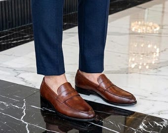 Handgefertigte braune Leder Mokassins : Herren Penny Loafers Slip-On Abendschuhe,