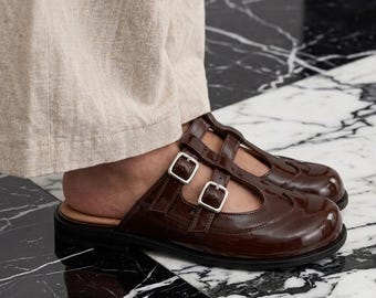 Handmade Brown Leather Mule Sandals for Men – Backless Slip on Loafers, Luxury Dress Mules