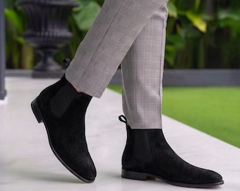 Bottines chelsea en daim noires pour hommes, bottines en cuir faites main, chaussures de mariage pour le marié