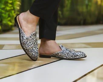 Spectator Scarpe da uomo in pelle senza schienale nere e bianche, pantofole in pelle da uomo