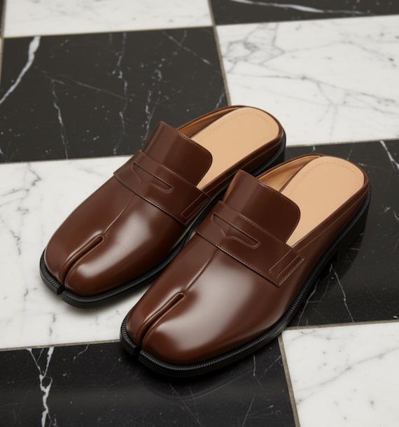 Brown Leather Tabi Mules for Men: Japanese Style Split Toe Backless Loafers