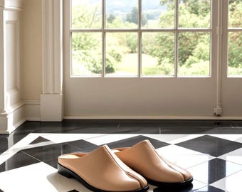 Beige Leather Tabi Mules for Women: Japanese Style Split Toe Backless Slippers For Females