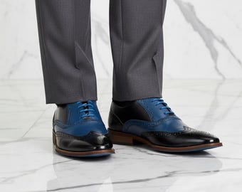 Sapatos brogue de couro azul e preto Spectator Wingtip - Sapatos sociais Oxford masculinos de grife