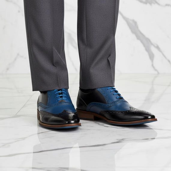 Spectator Blue & Black Leather Wingtip Brogue Shoes - Men's Designer Oxford Dress Shoes