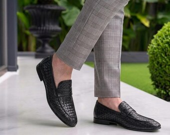 Handmade Black Woven Leather Shoes Men - Slip On Mens Dress Shoes - Luxury Groom footwear