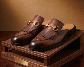 Brown Leather Backless Mules: Buckle Loafer Slippers