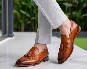 Handmade Tan Brown Leather Tassel Loafers: Men's Slip-On Shoes