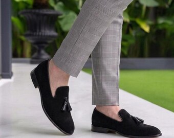 Men's Handmade Black Suede Tassel Loafers: Leather Slip-On Shoes