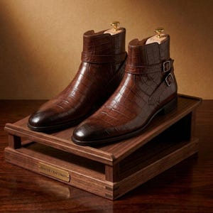 May include: A pair of brown leather ankle boots with a crocodile skin texture, featuring a side strap with a metal buckle and a wooden shoe tree insert. The boots are displayed on a wooden stand with a brass plaque reading MASTER CRAFTSMAN.