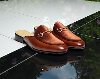 Suede Leather Mules for Men: Brown Backless Slippers with Buckle