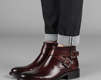 Botas de couro marrom feitas à mão: botas sociais com tiras de fivela para homens