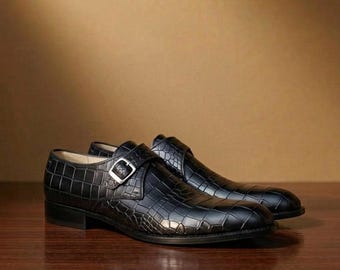 Zapatos de vestir tipo monk strap de piel texturizada de cocodrilo negro para hombre