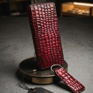 Handmade Long Leather Wallet Men, Crocodile Embossed Bifold Wallet, Card Holder, Gift for Him