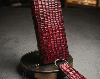 Handmade Long Leather Wallet Men, Crocodile Embossed Bifold Wallet, Card Holder, Gift for Him