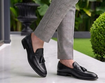 Men's Handmade Black Leather Tassel Loafers: Slip-On Fashion Shoes