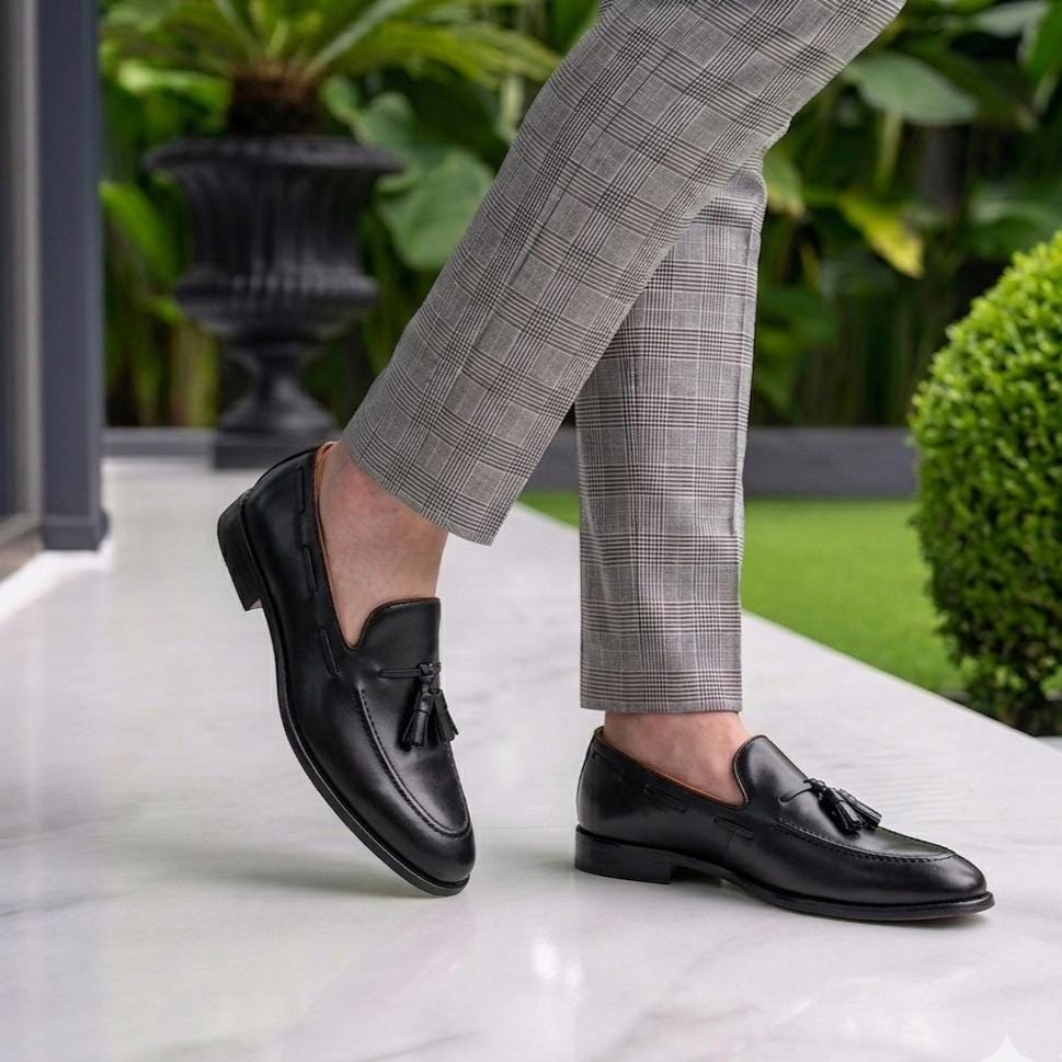 Men's Handmade Black Leather Tassel Loafers: Slip-on Fashion Shoes
