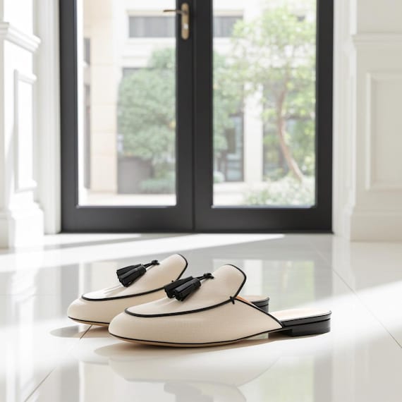 Handmade White Leather Tassel Mule Men
