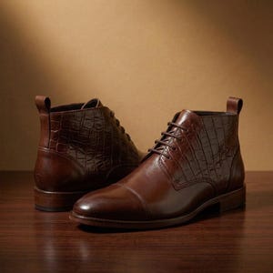 Handgefertigte braune Schnürstiefeletten aus Leder – Elegante Stiefeletten mit Krokodilprägung und Kappe