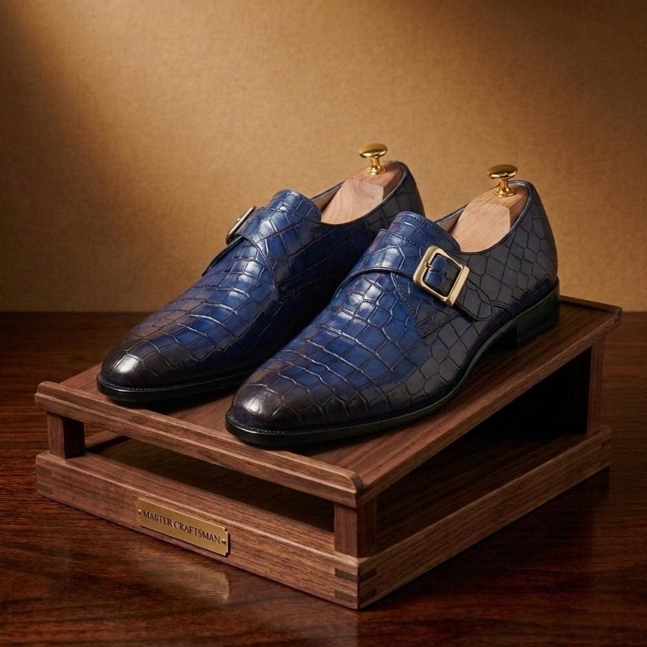 blue and gold dress shoes Alligator Textured Monk Strap Shoes: Men's Designer royal blue sneakers on shoes by Stacy Size:IT 40 - US 9 to 9.5 Buy Black 100% Cotton Non-Licensed Product