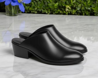 Mules de piel negra para mujer – Mules minimalistas sin cordones con tacón – Zuecos cómodos – Zapatos tipo mocasín para mujer