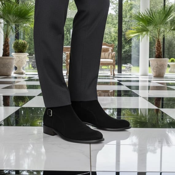 Men's Handmade Black Suede Ankle Boots: Winter Custom Leather Boots for Men