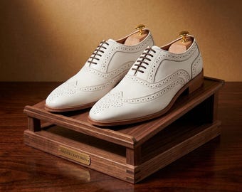 Handmade Leather Oxford Shoes • White Wingtip Brogues, Wedding Dress Shoes