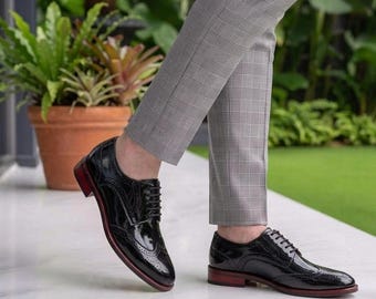 Zapatos Oxford de charol negro hechos a mano para hombre – Zapatos formales para bodas