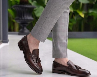 Men's Handmade Brown Leather Tassel Loafers: Slip-On Fashion Shoes