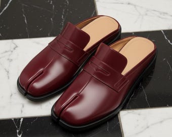 Burgundy Leather Tabi Mules for Men: Japanese Style Split Toe Backless Loafers