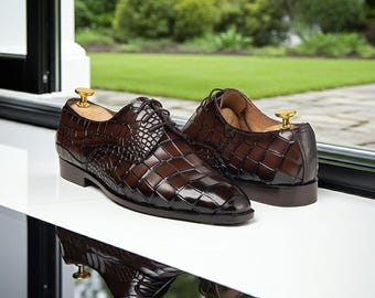 Brown Alligator Texture Derby Shoes for Men - Handmade Leather Designer Shoes