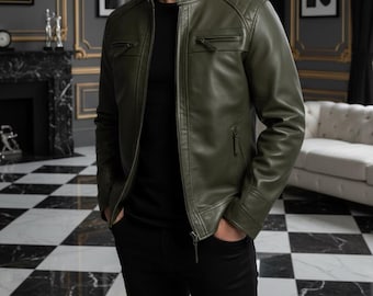 Men's Green Leather Biker Jacket: Cafe Racer Outerwear for Men - Gift for Him