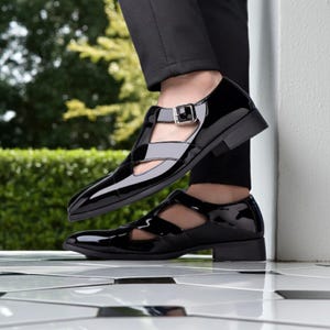 Luxury Black Patent Leather Dress Shoes: Men's Slip-On Buckle Strap Fashion Shoes