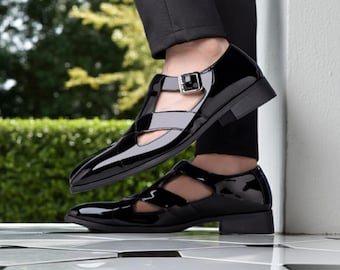 Luxury Black Patent Leather Dress Shoes: Men's Slip-On Buckle Strap Fashion Shoes