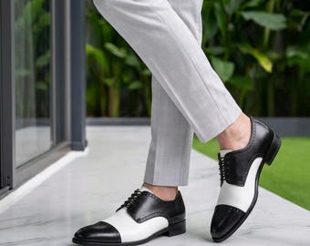 Two-Tone Leather Cap Toe Derby Shoes: Black & White Brogue - formal shoes men