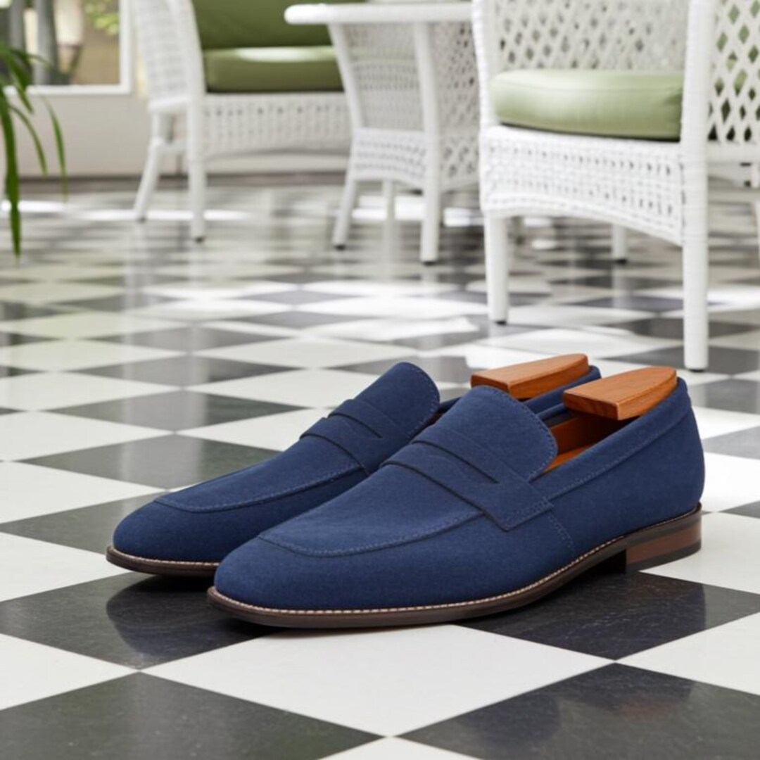 Handmade Italian Blue Suede Penny Loafers: Men display picture 2
