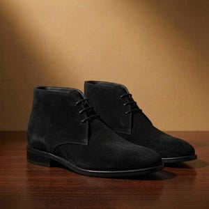 May include: A pair of black suede ankle boots featuring a lace-up closure with thin black laces, a rounded toe, and a low stacked heel. The boots have a smooth texture and a clean silhouette, showcasing a classic design with matching black eyelets.