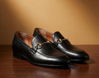 Black Leather Buckle Loafers Men Party Wear Fashion Shoes, Men's Business Casual Shoes