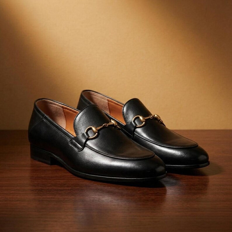 Black Leather Buckle Loafers Men Party Wear Fashion Shoes, Men's Business Casual Shoes image 1