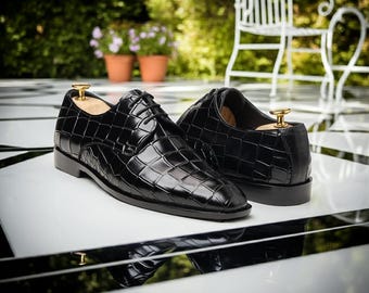 Schwarze Alligator Textur Derby Schuhe für Herren - Handgefertigte Leder Designer Schuhe
