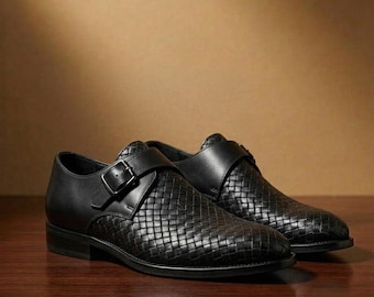 Handmade Black Woven Leather Monk Strap Shoes for Men - Formal Wedding & Business Loafers