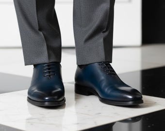 Herren Navy Blau Leder Oxford Schuhe: Schnürschuhe