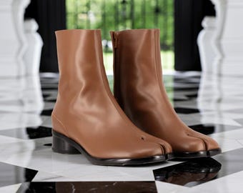 Botas Tabi de cuero marrón hechas a mano: botines japoneses con punta dividida