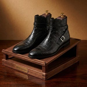 May include: A pair of black ankle boots with a crocodile-embossed texture, featuring a side strap with a silver-toned metal buckle. The boots are displayed on a wooden stand with a small brass plaque that reads MASTER CRAFTSMAN.