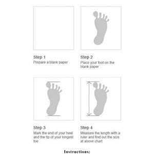 May include: A size guide for shoes, showing four steps to measure your foot. Step 1: Prepare a blank paper. Step 2: Place your foot on the blank paper. Step 3: Mark the end of your heel and the tip of your longest toe. Step 4: Measure the length with a ruler and find out the size at above chart. Instructions: When measuring your feet please remember to wear the Socks/Hosiery you would normally wear with this type of shoes.