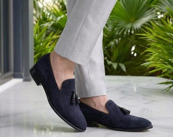 Men's Navy Suede Tassel Loafers: Leather Slip-On Shoes