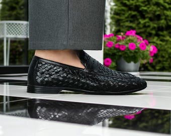 Handmade Black Woven Leather Slip-on Dress Shoes - Men display picture 2
