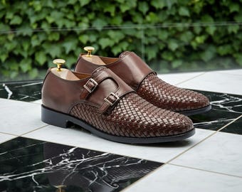 Handmade Italian Style Monk Strap Brown Shoes • Woven Leather Double Monk Footware